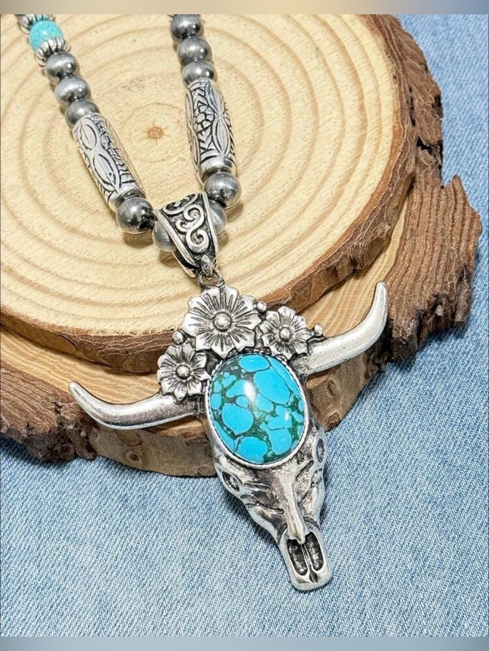 Western Necklace Turquoise Stone Long Horn Pendant Necklace - Western Style